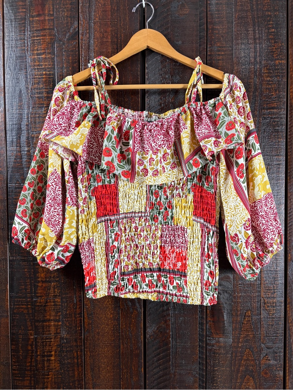 Boohoo Cold-Shoulder Smocked Patchwork Top